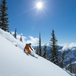 Male skier making turn on powder slope.