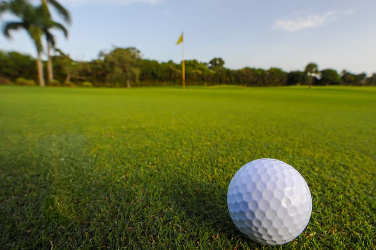 Golf ball rolling on putting green