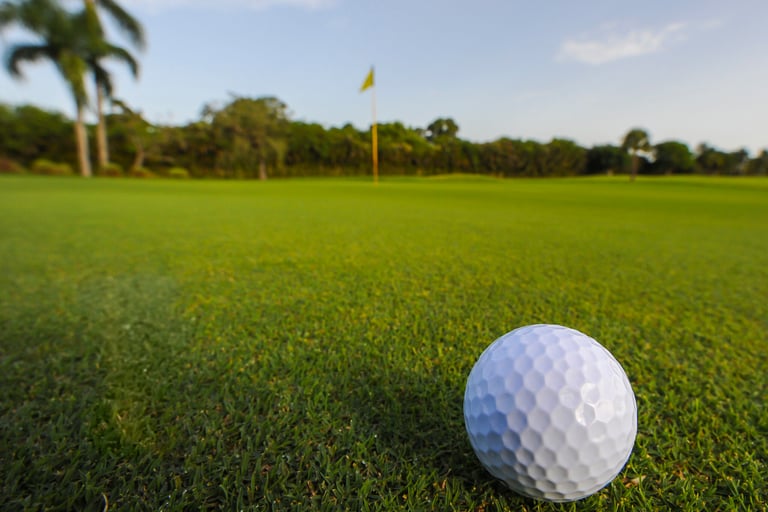 Golf ball rolling on putting green